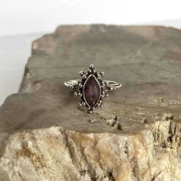 Sterling Silver 925 Bezel Set Marquise Amethyst Solitaire Ring Sz 5 - Picture 4 of 16